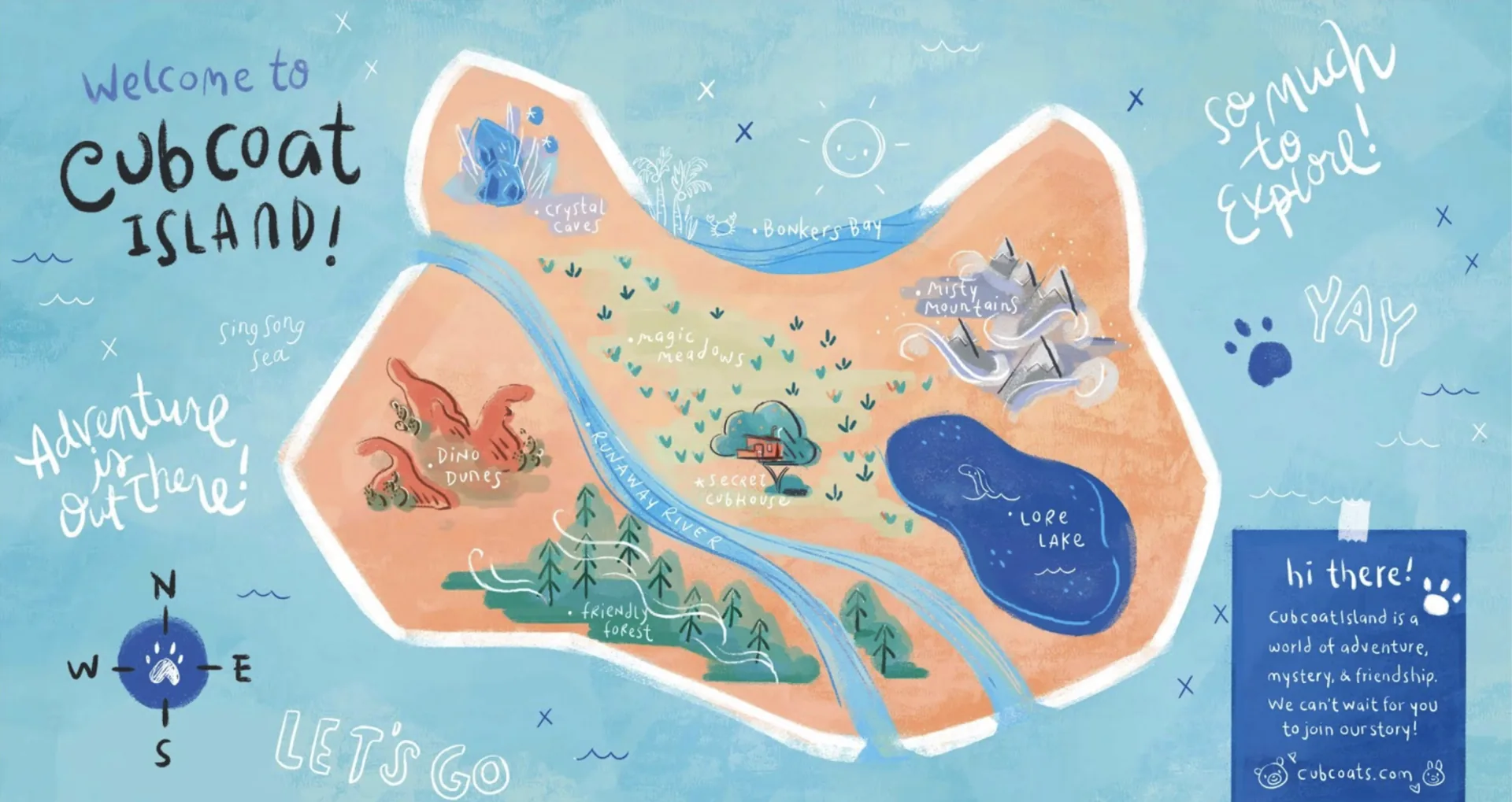 Illustrated map of Cubcoat Island showing Crystal Caves, Magic Meadows, Misty Mountains, Dino Dunes, Lore Lake and the Secret Cubhouse